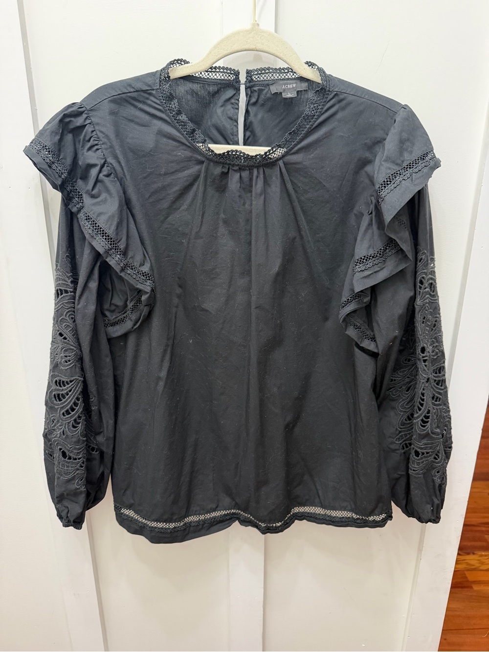 J. Crew Black Cotton Flutter Sleeve Ruffle & Eyelet Blouse